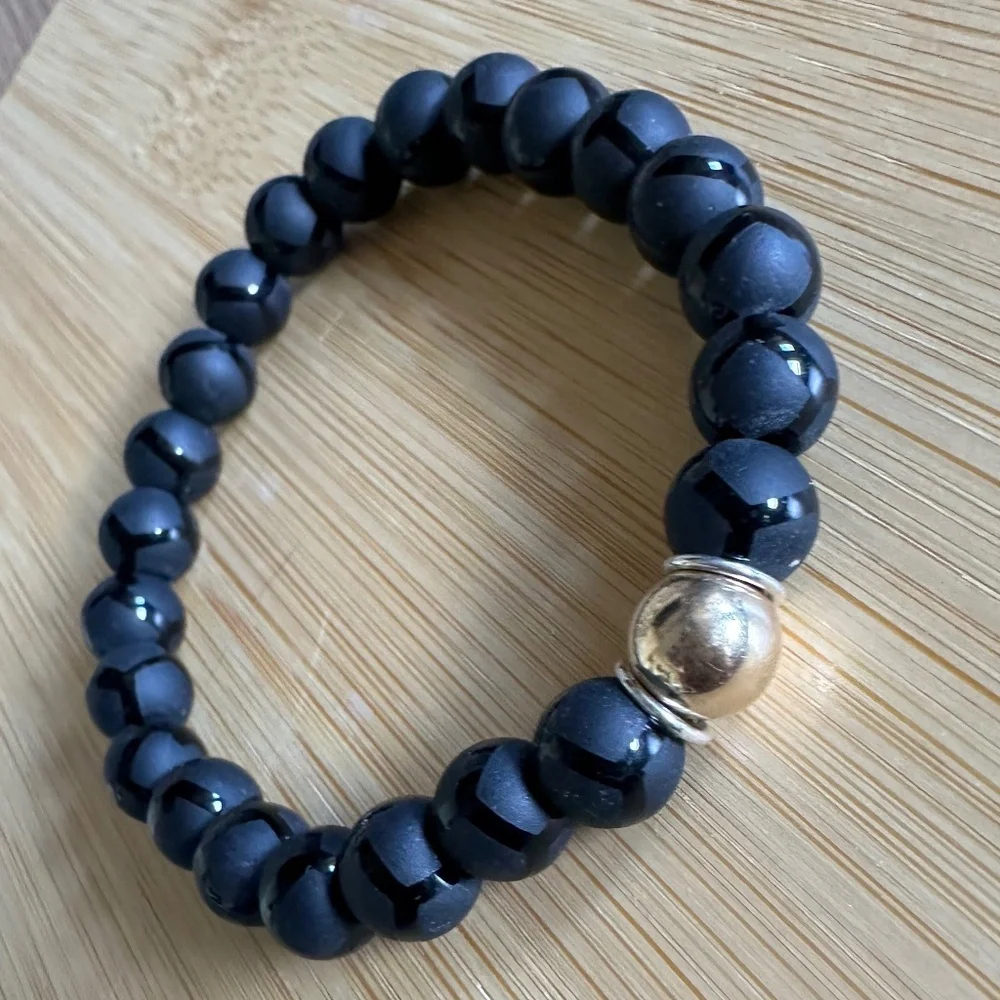 Matte w/ Polished Geo Design Onyx Stretch Bracelet w/ Gold & Silver Spacers